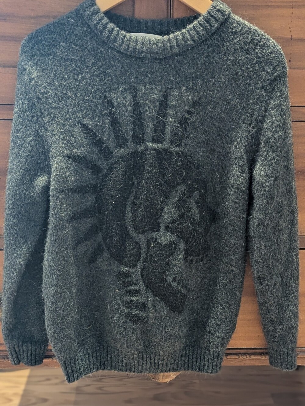 Zara Dark Gray Fuzzy Knit Sweater with Tonal Graphic